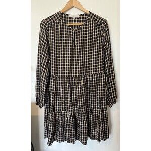 LOFT Navy/Gold Plaid Keyhole Tiered Knee Length Boho Peasant Dress Size Large